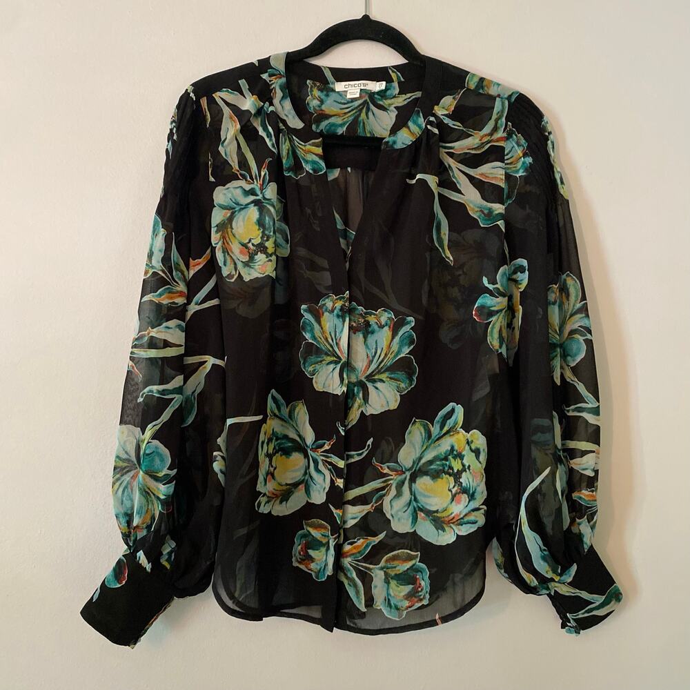 Chico's Black Blue Floral Sheer Button Down Shirt Fairycore Women's size .5 / 6